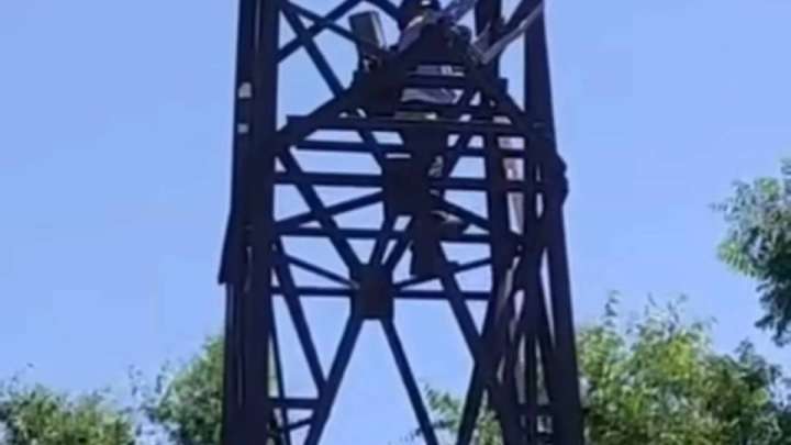 Жұмыстан қуылған полиция подполковнигі наразылық ретінде электр бағанына шығып кетті