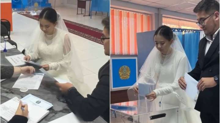 Қарағандыда жас жұбайлар сайлау учаскесіне той көйлегімен келді (ВИДЕО)