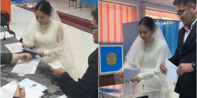 Қарағандыда жас жұбайлар сайлау учаскесіне той көйлегімен келді (ВИДЕО)